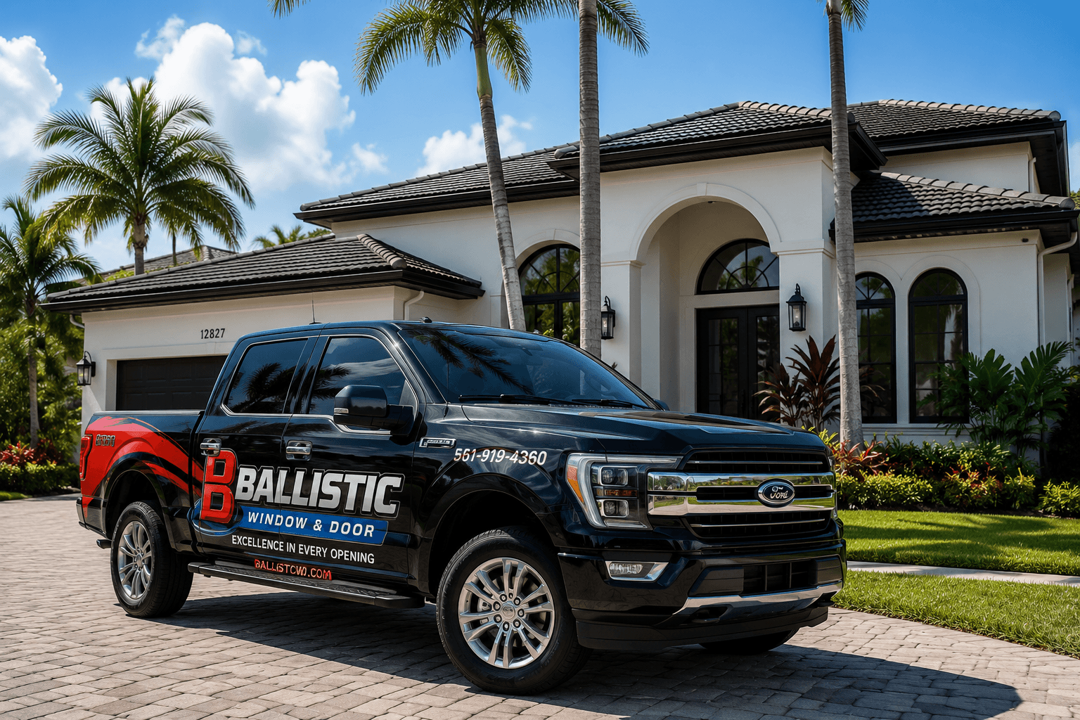 Ballistic Window and Door branded truck at a Florida home